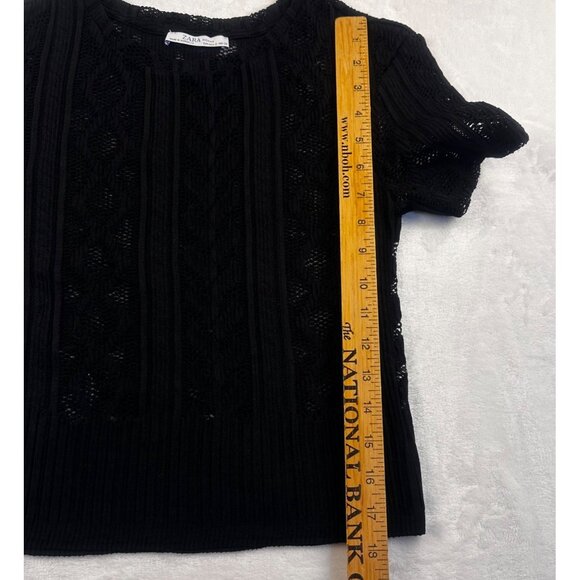 Zara Black Lace Knit Short-Sleeve Womens Top Size S Ribbed Hem Elegant Design - Picture 9 of 16